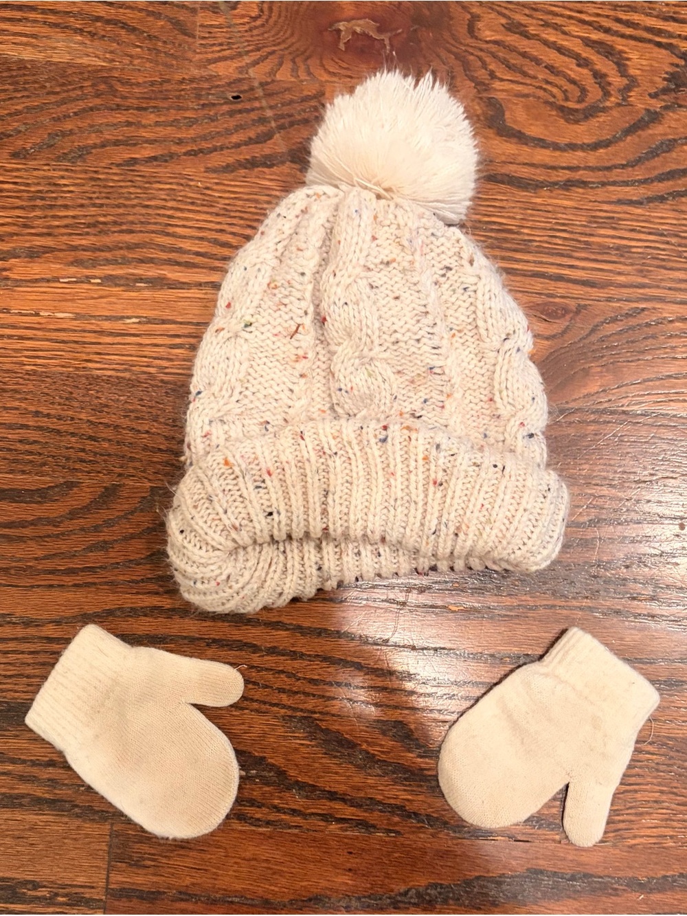 wonder nation Cream Cable-Knit Pom Beanie with Matching Mittens